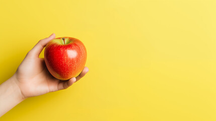 Hand grabbing a red apple over yellow background, healthy eating. Generative AI.