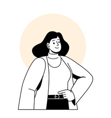 Minimalist user avatar concept. Young girl in casual clothes. Fashion, trend and style. Mobile app and program. Social media sticker. Linear flat vector illustration isolated on white background