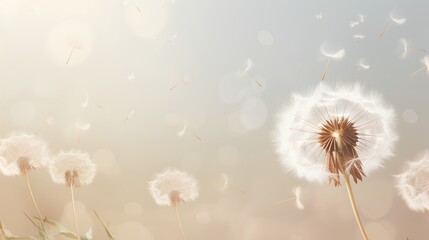 Dandelion fluff background for aesthetic minimalism style background. Beige, neutral and pastel color wallpaper with elegant and light flying fluffs. Fragile and lightweight.