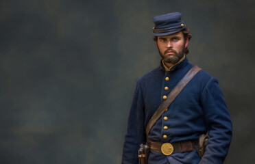 Watercolor illustration of a civil war soldier. Canvas texture. Blue uniform. The War of the Rebellion, The Brothers' War, The Late Unpleasantness, The Freedom War, The Civil War of the United States
