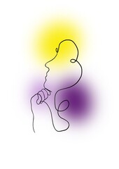 The outline of a woman's face and the clenched hand under her face are depicted in profile with one thin black line on a white background with blurred purple, pink and yellow spots.