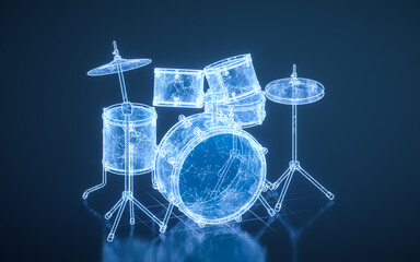 Drum set with blue technology structure, 3d rendering.