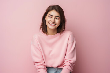 Fototapeta premium Shy woman with playful glance in pink tones.