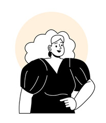 Minimalist user avatar concept. Young girl in black dress. Fashion, trend and style. Sticker for social media and messengers. Linear flat vector illustration isolated on white background