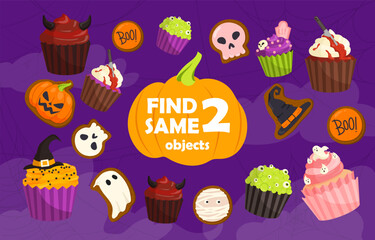 Find two same halloween concept. Holiday of fear and horror. Spooky stickers with characters. Puzzle and riddle for kids. Cartoon flat vector collection isolated on violet background