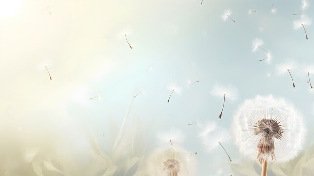 Dandelion fluff background for aesthetic minimalism style background. Neutral and pastel color wallpaper with elegant and light flying fluffs. Fragile, lightweight and beautiful nature backdrop.