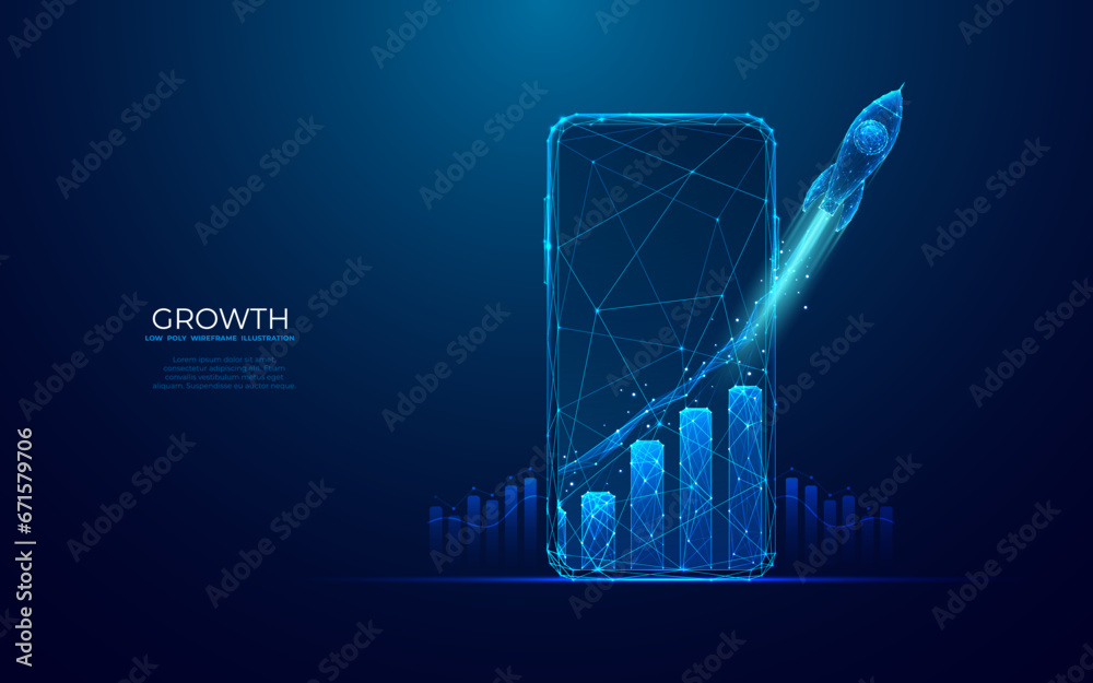 Aufkleber Abstract launch rocket with growth graph chart on a smartphone screen in light blue futuristic hologram style. Success business and start-up concept. Low poly wireframe vector illustration. 