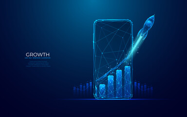 Abstract launch rocket with growth graph chart on a smartphone screen in light blue futuristic hologram style. Success business and start-up concept. Low poly wireframe vector illustration.  - obrazy, fototapety, plakaty
