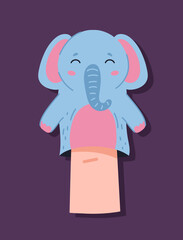 Finger puppet concept. Fluffy elephant for entertainment and fun. Toy for theatrical performance. Graphic element for website. Cartoon flat vector illustration isolated on violet background