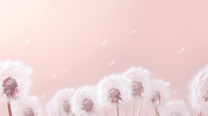 Dandelion fluff background for aesthetic minimalism style background. Blush pink color wallpaper with elegant and light flying fluffs on empty wall. Fragile, lightweight and beautiful nature backdrop. - obrazy, fototapety, plakaty