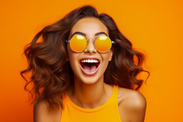 Exultant woman with opaque orange glasses. - obrazy, fototapety, plakaty