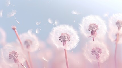 Dandelion fluff background for aesthetic minimalism style background. Light blue color wallpaper with elegant and light flying fluffs on empty wall. Fragile, lightweight and beautiful nature backdrop.
