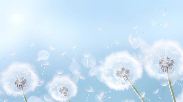 Fototapeta Dandelion fluff background for aesthetic minimalism style background. Light blue color wallpaper with elegant and light flying fluffs on empty wall. Fragile, lightweight and beautiful nature backdrop.