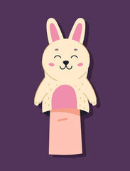 Finger puppet concept. Fluffy rabbit for entertainment and fun. Toy for theatrical performance. Sticker for social networks. Cartoon flat vector illustration isolated on violet background