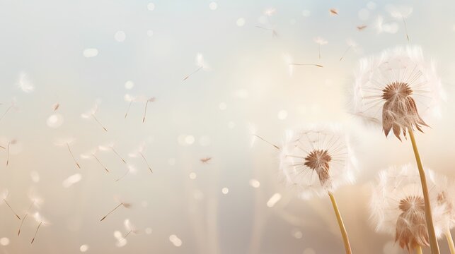 Dandelion fluff background for aesthetic minimalism style background. Beige, neutral and pastel color wallpaper with elegant and light flying fluffs. Fragile and lightweight. © TensorSpark