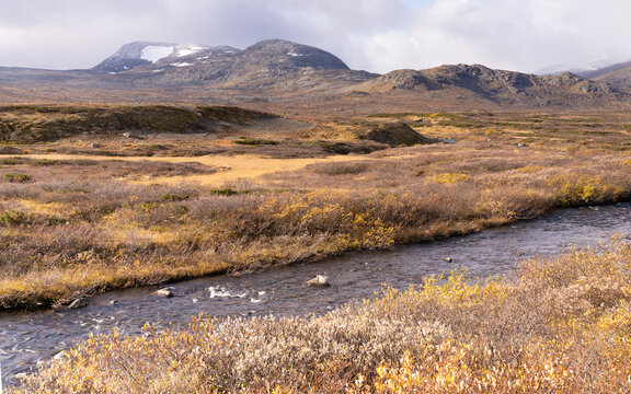 Typical landscape in Jotunheim National Park in Norway during autumn time in the Beitost&oslash;len area overlooking the Leirungsae River