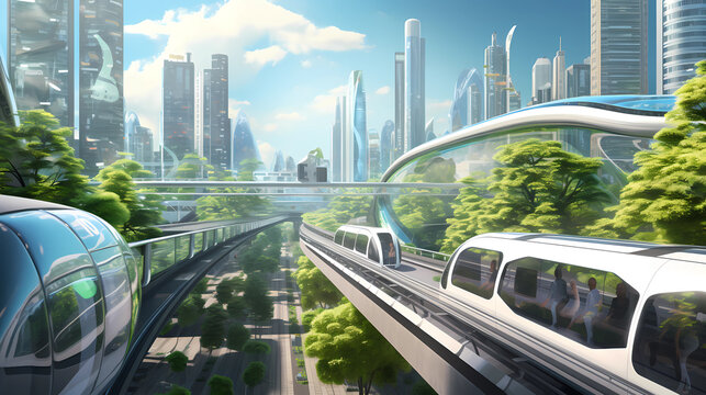 Futuristic City Advanced Transportation Realistic Illustration. Smart city and advanced transportation systems such as autonomous vehicles, hyperloops.