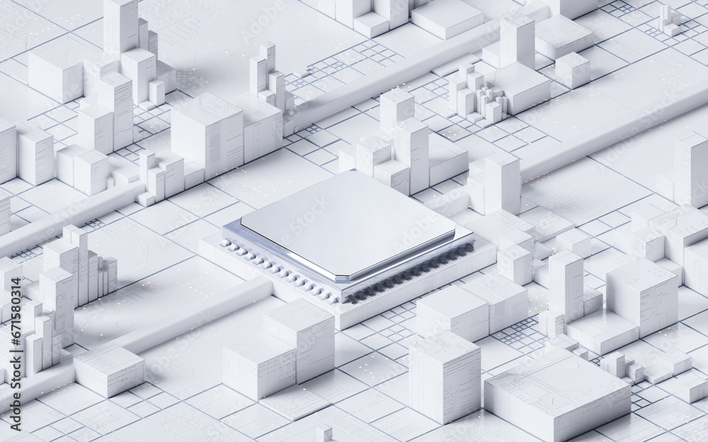 Fototapete technology circuit board and core, 3d rendering.
