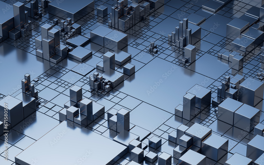 Poster Metallic cube circuit board, 3d rendering.