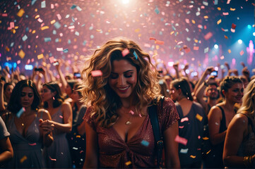 People celebrating at concert with colorful lights. Crowd, mass of people listen to the music. Party festival theme illustration.