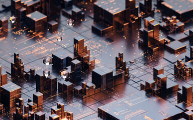 Metallic cube circuit board, 3d rendering.