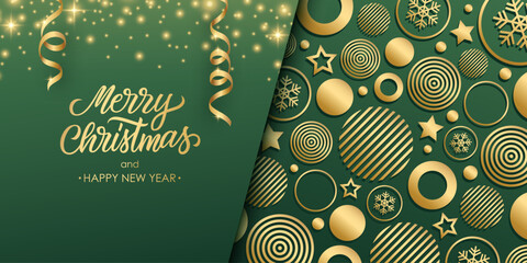 Christmas greeting banner with golden handwritten inscription Merry Christmas and gold colored Christmas balls, stars and snowflakes. Glittering sparks. Green background. Vector illustration. - obrazy, fototapety, plakaty