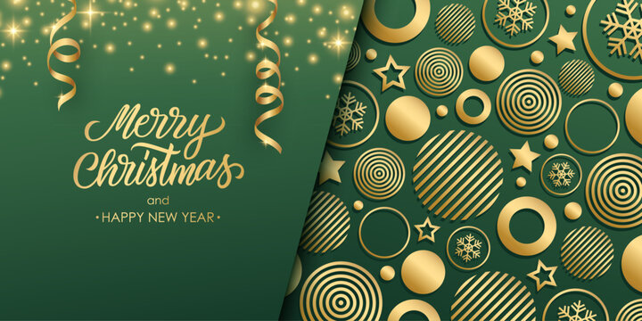 Christmas greeting banner with golden handwritten inscription Merry Christmas and gold colored Christmas balls, stars and snowflakes. Glittering sparks. Green background. Vector illustration.