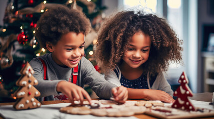 Fictional adorable African-American little brother and his sister making Christmas cookies in the kitchen at home. Concept of preparing for traditions and celebrations in the winter season.