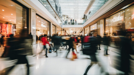 Blurred people inside shopping mall during black friday - Defocused photo - Model by AI generative