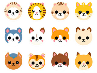 Cute stickers with cats isolated on transparent background. Set of flat cartoon kawaii cats in different poses. Collection of Cat faces, heads, icons, emoji. Kitten in full growth.