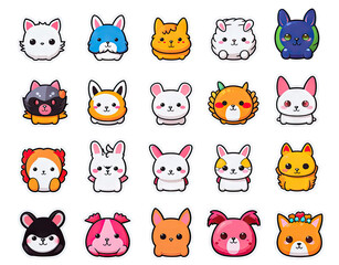 Set of fun kawaii animal stickers for decoration of all kinds on transparent background.