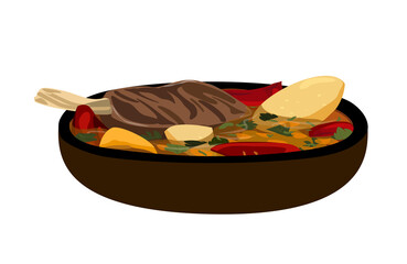 Khashlama with lamb or veal meat and rich broth.Soup with veal,potato,tomatoes.Tasty meat meal of Georgian,Armenian traditional cuisine isolated, white background.Hot dish in bowl.Vector illustration