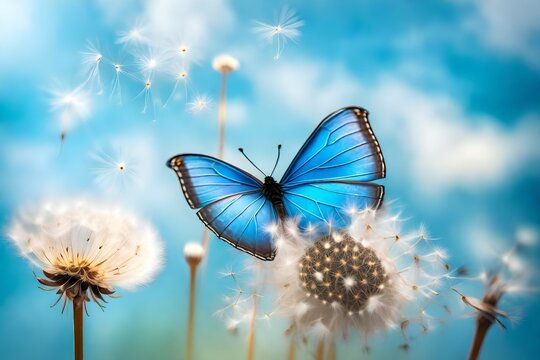 Fototapeta Natural pastel background.  butterfly and dandelion. Seeds of a dandelion flower on a background of blue sky with clouds