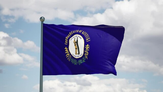 Kentucky state waving flag. USA Close up American KY flag flutters in the wind. Cloudy sky background. Realistic 3d render cgi.