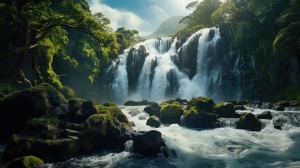 Stunning waterfall in wild jungles. AI generated.