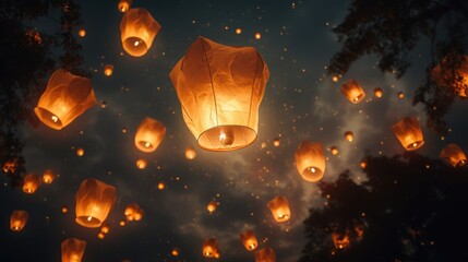 A large group of Chinese paper lanterns. AI generated.