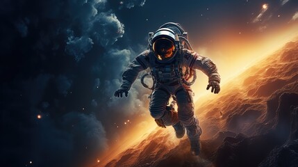Flying spaceman in beautiful space. AI generated.