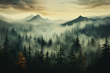 Misty autumn fir forest beautiful landscape in hipster vintage retro style, foggy mountains and trees.  - obrazy, fototapety, plakaty