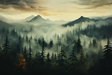 Keuken foto achterwand Misty autumn fir forest beautiful landscape in hipster vintage retro style, foggy mountains and trees.  © HejPrint