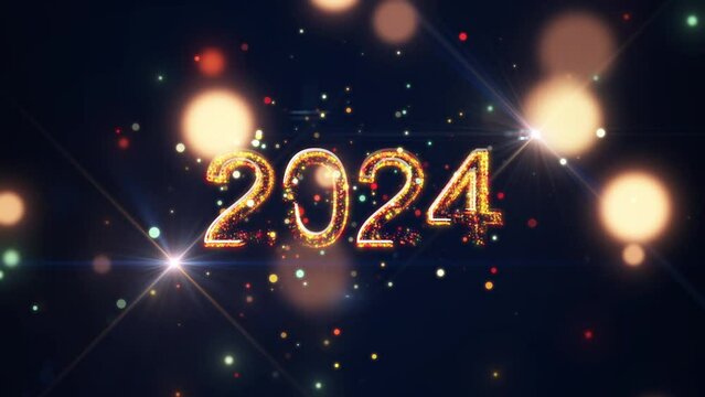 Happy new year 2024. The number 2024 consists of small particles of multicolored in the center. On a pink and blue background, there are polygons scattered around it. New year festival celebration.