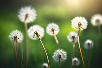 White fluffy dandelions, natural green blurred spring background, selective focus.