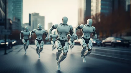 Fotobehang Artificial intelligence 3D robots running in futuristic cyber space metaverse background, digital world smart city technology © zayatssv