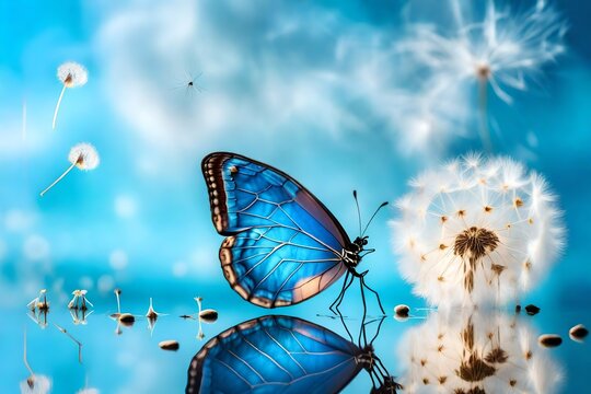 Fototapeta Natural pastel background. Morpho butterfly and dandelion. Seeds of a dandelion flower on a background of blue sky with clouds