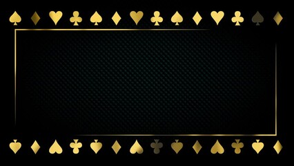 Luxury gold title border background. Black abstract text banner. Blank vip backdrop with golden frame and poker card suits. Copy space for grand casino royal logo or title text