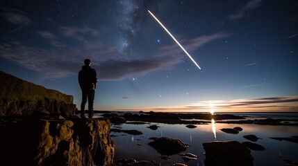 A fisherman watches a meteor during the Draconid meteor shower over Howick rocks in Northumberland.
