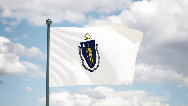 Massachusetts state waving flag. USA Close up American MA flag flutters in the wind. Cloudy sky background. Realistic 3d render cgi.