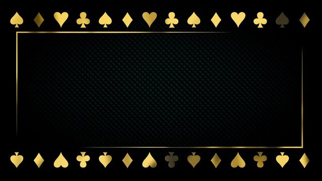 Luxury gold title border background. Black abstract text banner. Blank vip backdrop with golden frame and poker card suits. Copy space for grand casino royal logo or title text
