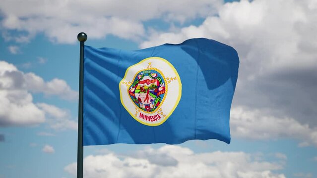 Minnesota state waving flag. USA Close up American MN flag flutters in the wind. Cloudy sky background. Realistic 3d render cgi.