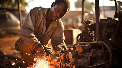 A Zambian man burns off dead grass as part of a community education programAfrica, Zambia, Livingstone, Detail of Land Rover engine's crank case in Foley's Land Rover garage near Victoria Falls
