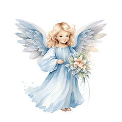 Christmas night angel with wings watercolor paint for holiday greeting card decor on white